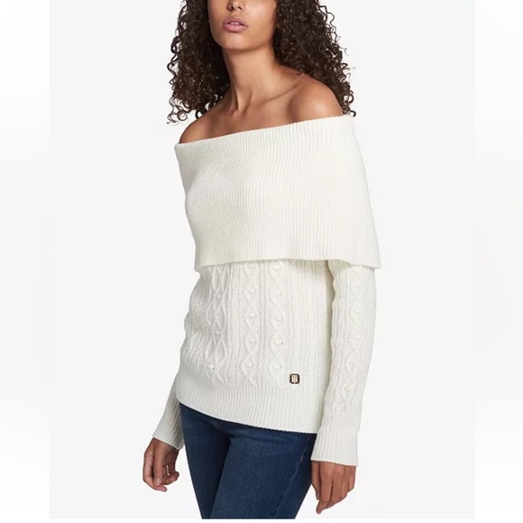 Tommy Hilfiger Cable Sweater preppy off the shoulder Cream - Picture 1 of 4